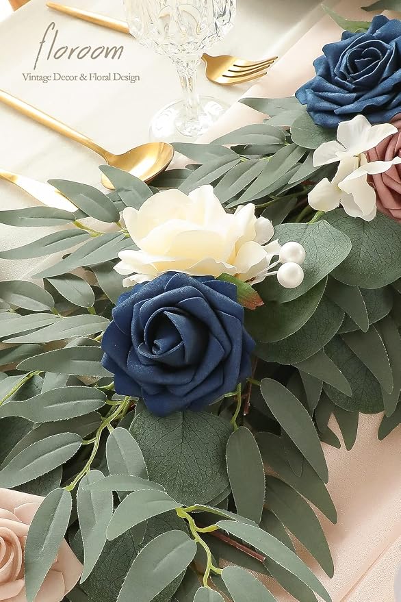 Floroom 6ft Artificial Eucalyptus Garland with Flowers Fake Greenery Faux Floral Vine Garland for Table Decor Wedding Centerpieces Bridal Shower Party Decorations, Dusty Rose & Navy - Image 5
