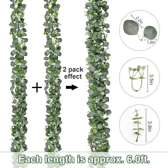 Dolicer 10 Packs 6FT Artificial Eucalyptus Garland Faux Greenery Garland | Fake Vines Hanging Silver Dollar Eucalyptus Leaves with White Seed for Wedding Backdrop Arch Table Wall Party Home Decor - Image 3