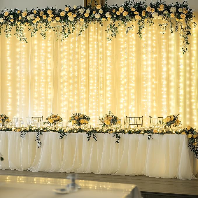 6 Panels Champagne Sheer Tulle Backdrop Curtains with Lights String for Party Wedding Wrinkle Free Curtain Backdrops Drapes for Baby Shower Bridal Shower Photo Background Home Decorations 30ft x 10ft - Image 2