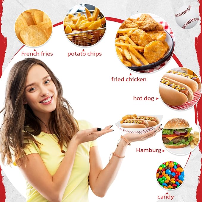 Roshtia 100 Pack Baseball Nacho Trays Paper Food Boats Disposable,2lb | Baseball Birthday Party Supplies, Red Stitching Design, Boat Shape for Hot Dogs Nachos, Decorations Game Day Celebrations - Image 3