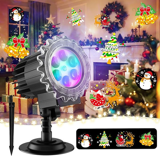 Matekxy Christmas Projector Lights Outdoor, 2025 Upgraded 3D Snowman Bells Sleigh Santa Decoration Light, IP44 Waterproof Holiday Lamp for Xmas Garden Patio Indoor