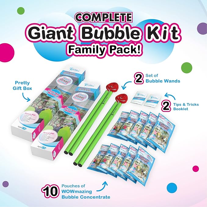 WOWMAZING Giant Bubble Kit – Family Pack (14-Piece Set) with Big Bubble Wand and Solution Concentrate (Makes 3 Gallons of Large Bubbles) | Best Value for Family Fun