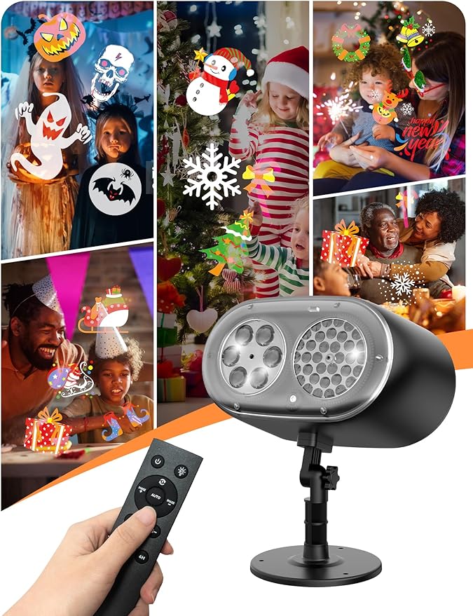 Christmas Projector Lights Outdoor, Christmas Patterns Holiday Projectors, 12 HD Effects (3D Ocean Wave + Patterns), Holiday Projector, Christmas Decorations for Light Show (Black-Christmas-01)