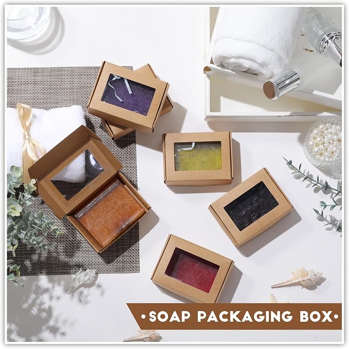 Zonon 60 Pcs Mini Kraft Soap Boxes with Window Homemade,Kraft Color | Paper Material for Bakery Candy Gifts, Soap Making Supplies, Clear Window Display, 3.7x2.6x1.4 Inch, Small Gift Packaging - Image 4