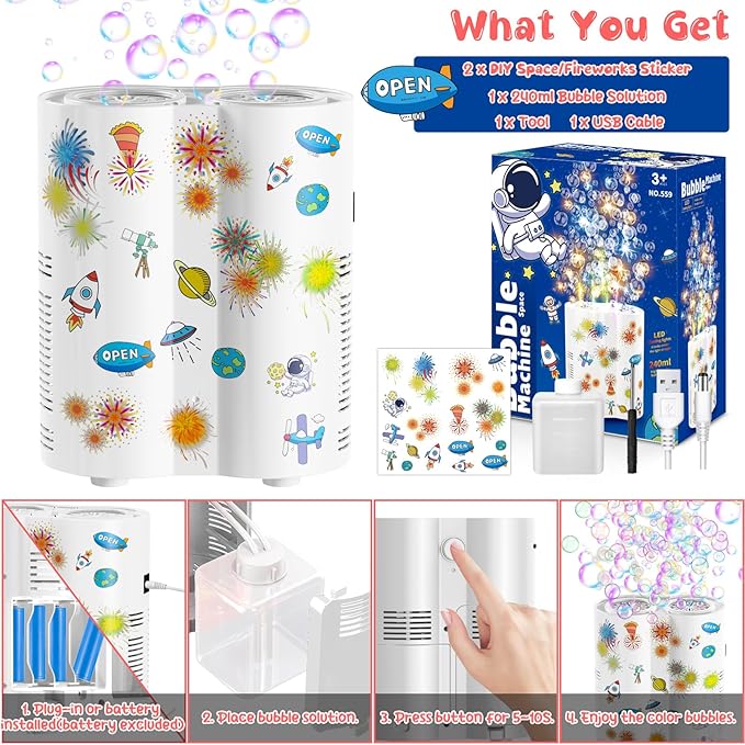 Panamalar Fireworks Bubble Machine, Automatic Bubble Blower Maker for Kids 20000+ Bubbles per Min, 26 Holes Bubble Machine with Lights/240ml Solution, DIY Sticker Bubble Toys for Outdoor Party Wedding