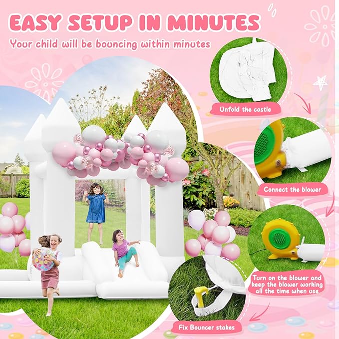 FBSPORT White Bounce House, Inflatable Bouncer with Air Blower,Indoor & Outdoor Bouncy Castle with Big Ball Pit for Wedding Party Kids Birthday Party, Easy to Install