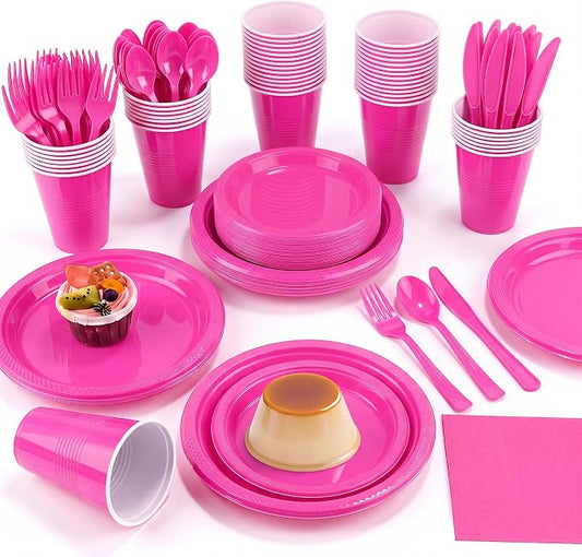 Aodaer 400 Pieces Hot Pink Party Supplies Disposable Dinnerware Set Include Plastic Plates Cups Knives Forks Spoons Paper Napkins for Birthday Wedding Graduation Parties, Serve 50 Guests by Aodaer