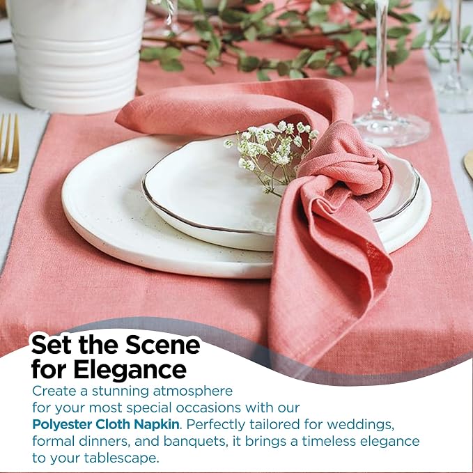 200 pcs Coral 20"x20" Polyester Cloth Napkins | Premium, soft, & durable square linen napkins, perfect for weddings, dining, restaurants, & parties. Washable. - Image 6