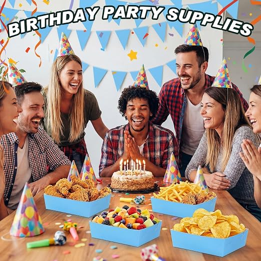 Uiifan 50 Pcs 5 lb Extra Large Paper Food Trays Disposable Food Boat Nacho Plate Serving Snack Trays Grease Resistant Self-assembly for Back to School Party Birthday Wedding Supply (Sky Blue) - Image 7