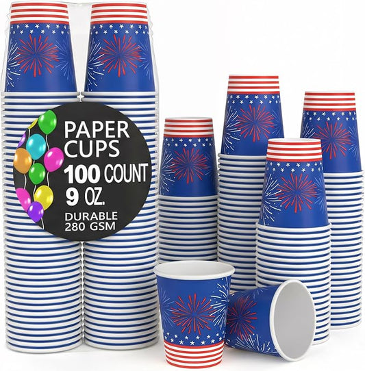 Exquisite Starburst Paper Cups 9 oz 100 Pack Red White Blue Firework Print American Flag Stars Stripes Disposable Hot Cold Beverage Cups for 4th of July Memorial Day Independence Day BBQ Bash 280 GSM by PartySolids