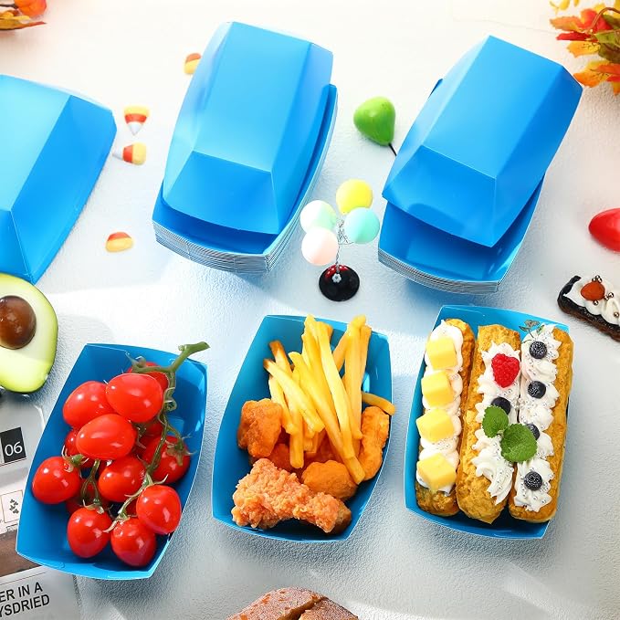 Uiifan 200 Pcs Paper Food Boats Disposable Paper Food Tray Grease Resistant Disposable Serving Tray Cardboard Hot Dog Holder for Burgers Fries Sandwiches Picnic Party (Blue) - Image 4
