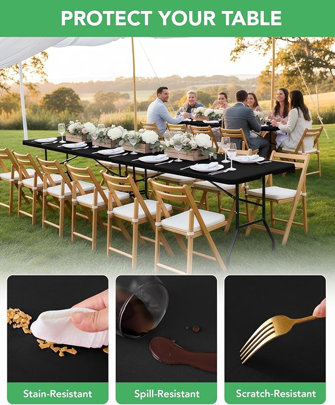 Fitted Tablecloth Rectangle Table Cloths with Elastic, 8 ft, Black, 8 Pack - Image 4