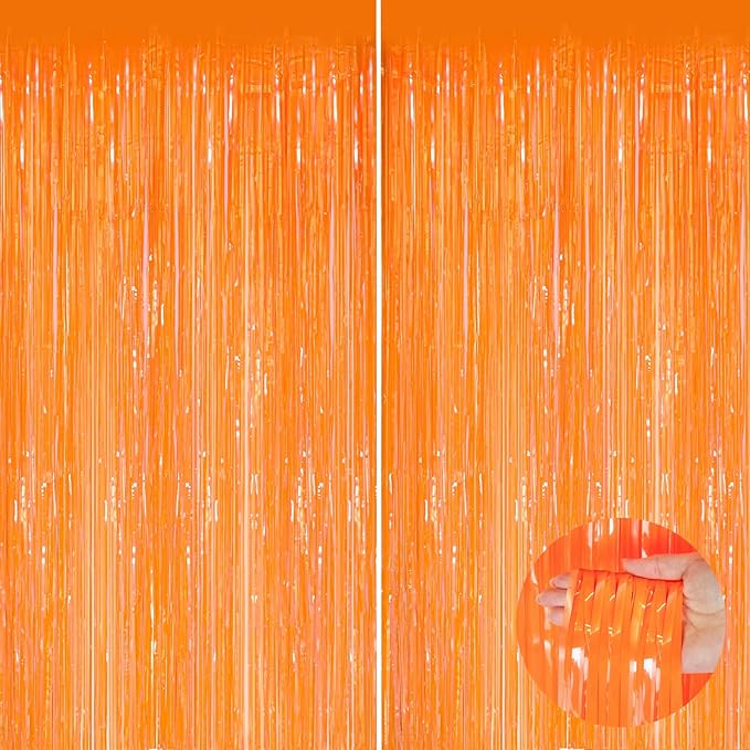 Orange Metallic Tinsel Foil Fringe Curtains, 2 Pack 3.3x8.3 Feet Party Streamer for Birthday Party Decorations, Halloween Decor, Foil Curtain for Bachelorette Party