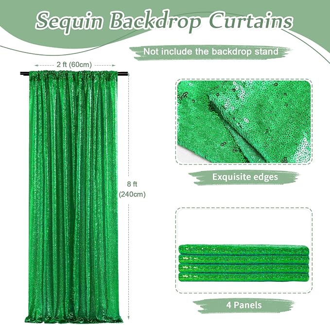 Green Sequin Backdrop Curtains-4 Panels 2FTx8FT Green Backdrop for St Patricks Day, Glitter Party Decorations Background Drapes for Wedding Birthday Anniversary Graduation Photo Booth Decor - Image 3
