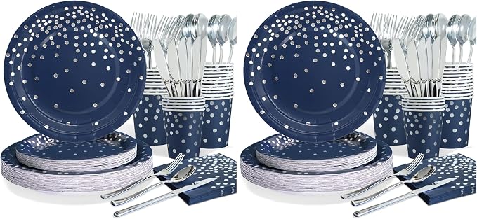 168Pcs Navy Blue Plates and Napkins Party Supplies, Navy Blue Paper Plates Serve 24, blue and Silver Party Decorations, for Fathers Day, Graduation, 4th of July, Hanukkah Party (Pack of 2) by Gudvilla