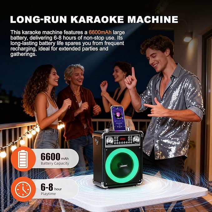 Karaoke Machine with 2 Wireless Microphones, Portable Bluetooth Speaker of Adults & Kids, PA System with Remote & Lights, Bass/Treble Control, Support USB/AUX/TF/FM, Party Speaker for Home