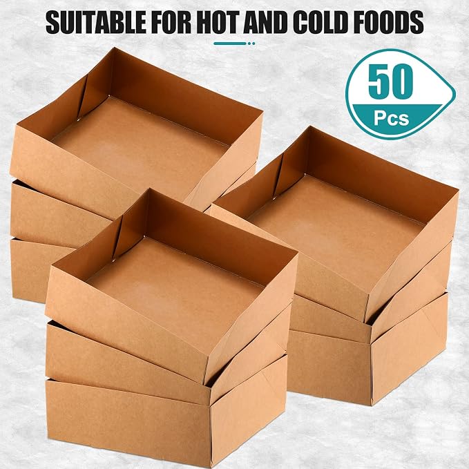 Teling 50 Pcs Kraft Paper Cardboard Food Trays Disposable Container, Brown | 10.4"x10.4"x3.7" Kraft Paper Holders Bulk, Party Theaters Stadiums Catering, Fast Food Container Boxes Foldable Design - Image 2
