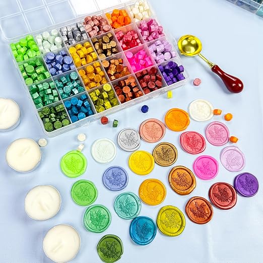 24 Colors Sealing Wax Beads for Wax Seal Stamp with 4Pcs Tea Candles and 1 Pcs WaxMelting Spoon for Gift, Wedding Invitation,Letter Envelopes,Sealing Wine Bottle