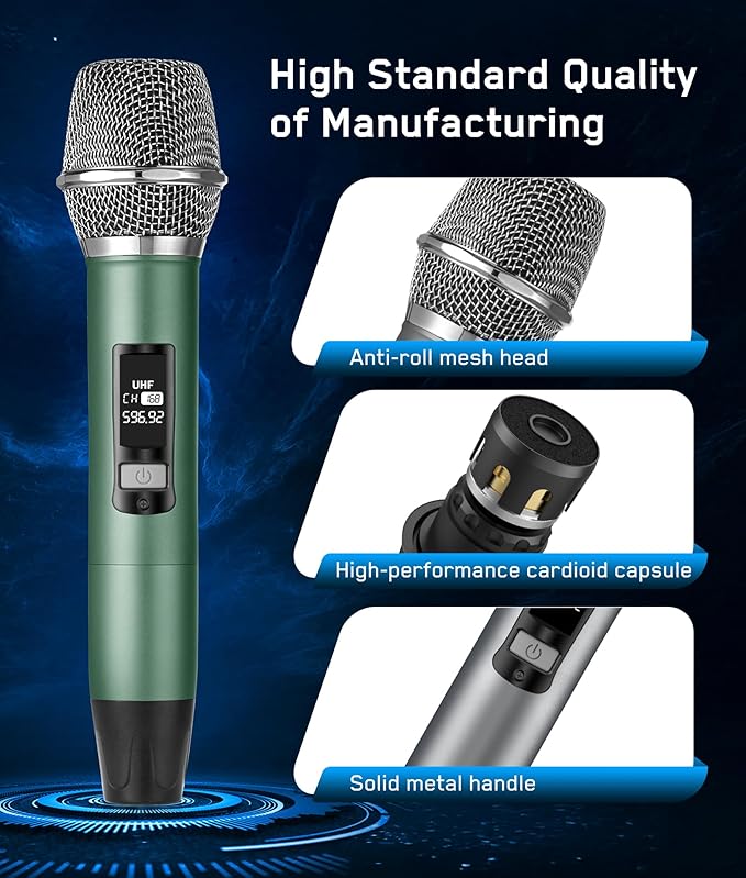 Rechargeable Wireless Microphone, Two Metal UHF Microphones with 1/4" Receiver, Plug-and-Play for Karaoke Singsing, Lecture, Stage Performance, PA System (Green - One Mic)