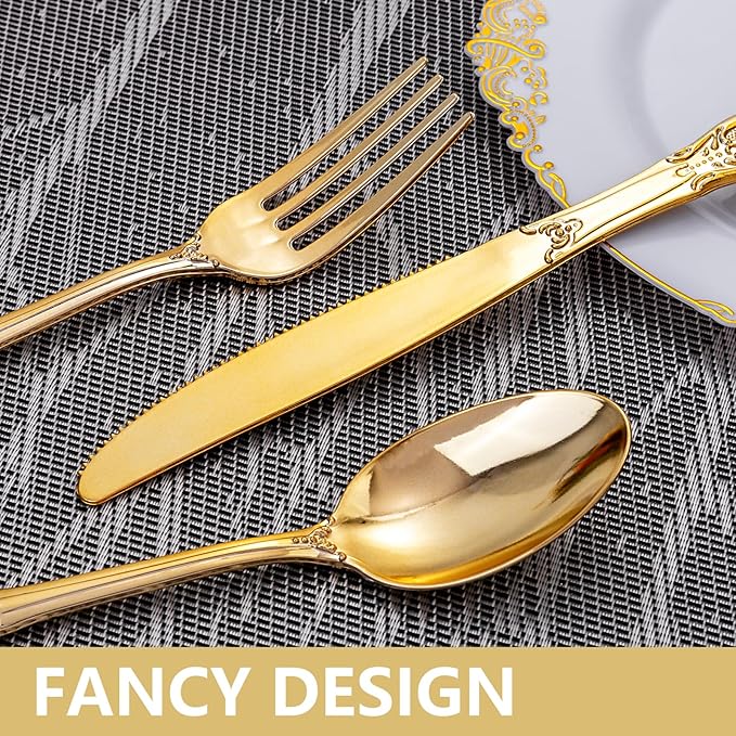 150 Pieces Gold Plastic Silverware - Heavy Duty Gold Disposable Utensils - Fancy Plastic Cutlery Set Includes 50 Forks, 50 Spoons, 50 Knives for Holidays Parties Weddings