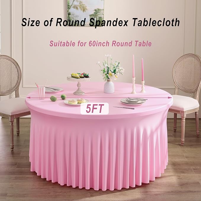 12 Pack Baby Pink Spandex Round Tablecloths for 60 inch Table, Wrinkle Free Stretchy 120inch Fitted 5FT Round Table Cloths Cover with Skirt for Wedding Party Dining Banquet Events - Image 6
