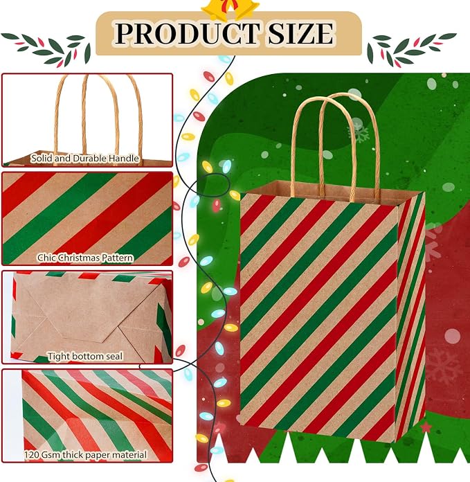 Colarr 100 Pcs Christmas Gift Bags Kraft Red Green Striped Dots Handles | Polka Dot Chevron Patterns, Party Favor Supplies, Treat Candy Goodie Bags, Holiday Wrapping, Twisted Handles for Carrying - Image 5