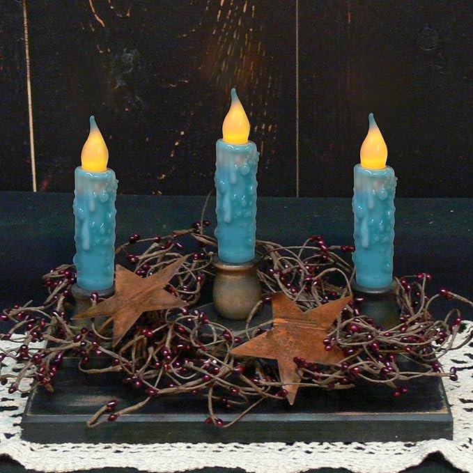CVHOMEDECO. Real Wax Hand Dipped Battery Operated LED Timer Taper Candles Rustic Primitive Flameless Lights Decor, 4-3/4 Inch, Teal, 3 PCS in a Package