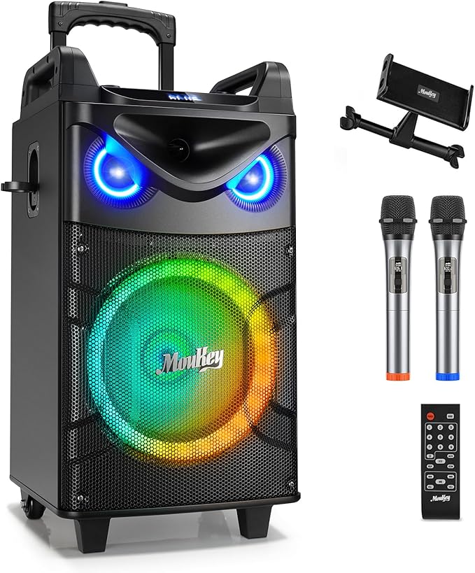 Moukey Karaoke Machine, 12" Woofer PA System, Portable Bluetooth Speaker with 2 Wireless Microphones, Party Lights and Echo/Treble/Bass Adjustment, Supports TWS/REC/AUX IN/MP3/USB/TF/FM - MTs12-1