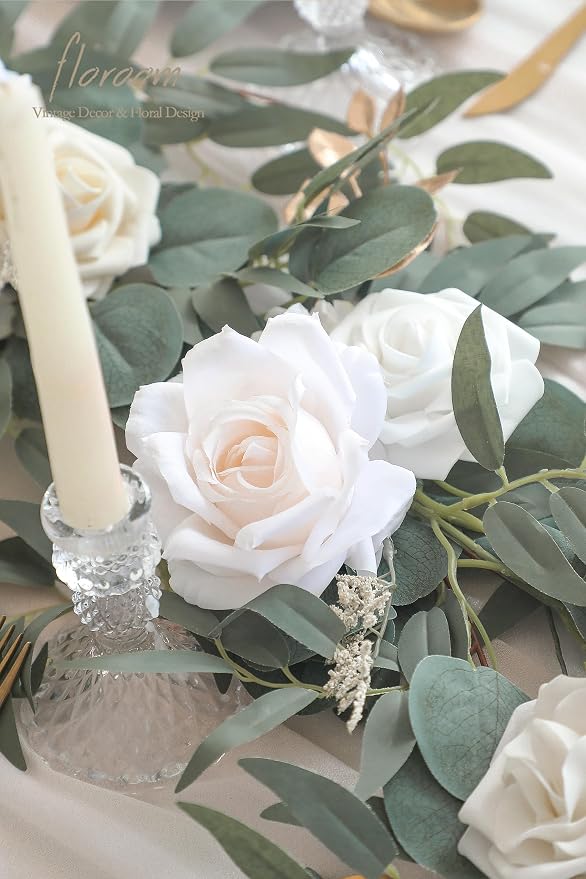 Floroom 6ft Artificial Eucalyptus Garland with Flowers Fake Greenery Faux Floral Vine Garland for Table Decor Wedding Centerpieces Bridal Shower Party Decorations, Cream White - Image 4
