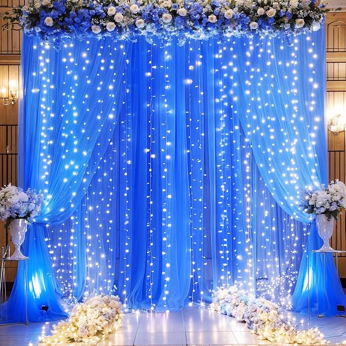 Royal Blue Backdrop Curtains with Lights String for Parites Wedding 10×8ft Sheer Tulle Backdrop Curtain for Graduation Ceremony Baby Shower Birthday Party Prom Photo Shoot Background Decorations - Image 3