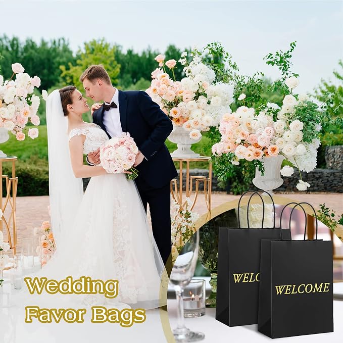 Jexine 100 Pcs Black Welcome Gift Bags 8 x 4 x 10 Inches Welcome Bags Bulk | Durable Kraft Paper Bags with Handles, for Wedding, Hotel Guests, Church Visitor, Retail Shopping, Party Favor Gift Packaging - Image 5