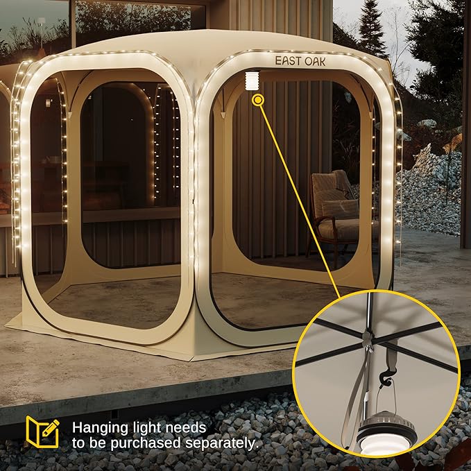 East Oak Screen House Tent Pop-Up, Portable Screen Room Canopy Instant Screen Tent 12 x 12 FT with Carry Bag for Patio, Backyard, Deck & Outdoor Activities, Beige