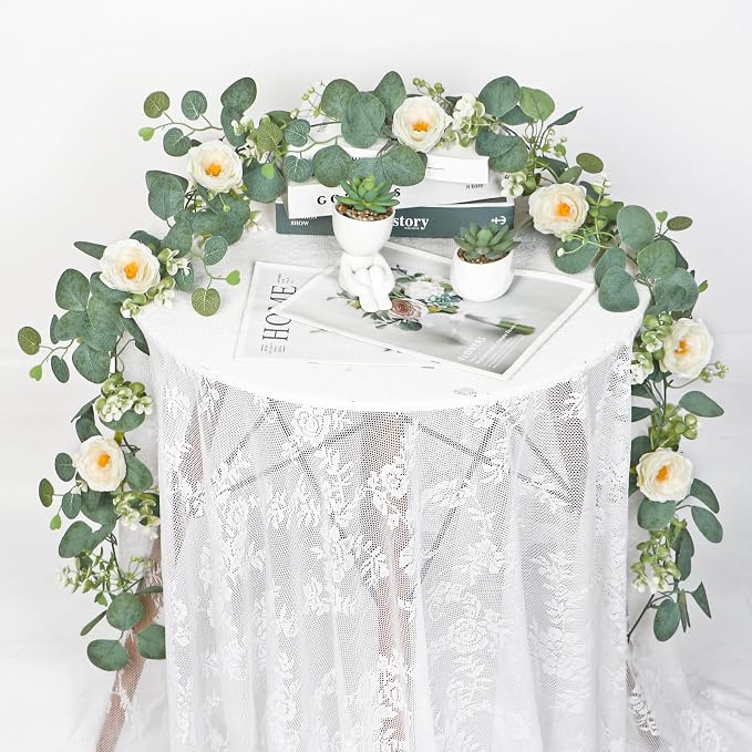 TOCHGREEN 2 Pack Artificial Eucalyptus Flower Garland with White Roses | Fake Rose Flower Greenery Garland Floral Vines for Wedding Centerpiece Backdrop Home Party Table Runner Decor - Image 3