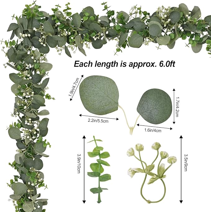 Dolicer 2 Packs 6FT Artificial Eucalyptus Garland Faux Greenery Garland | Fake Vines Hanging Silver Dollar Eucalyptus Leaves with White Seed for Wedding Backdrop Arch Table Wall Party Home Decor - Image 3