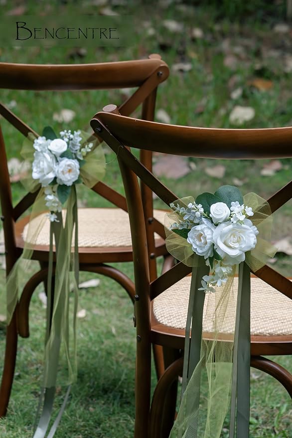 White&Greenery Wedding Chair Decor Set of 8,Chair Back Flowers,Aisle Decor for Ceremony,Reception,Outdoor,Church Pew Wedding Aisle,Artificial Flowers - Image 3