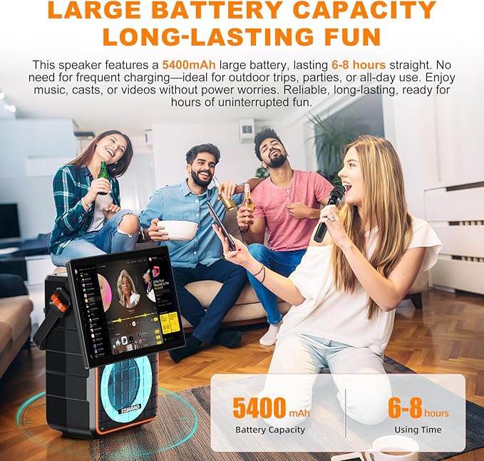 Portable Bluetooth Karaoke Speaker with 14.1” HD Screen, Wireless Screen Mirroring for iOS & Android, 2 Wireless Rechargeable Mics, AUX/USB/TF Card, Dynamic Lyric Display via Bluetooth, Ideal for Home