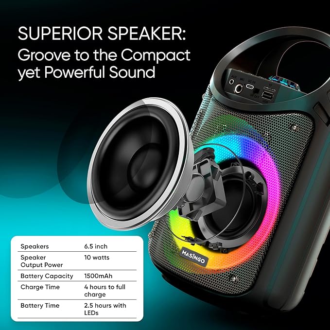 MASINGO Karaoke Machine for Kids and Adults with 1 Wireless Karaoke Microphone and 1 Wired Mic, PA Portable Speaker with LED Lights, Supports TF Card/USB, AUX/MIC in, TWS for Home Party, Burletta C10