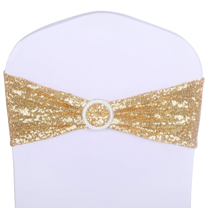 ANMINY Spandex Sequin Chair Sashes with Bows, Light Gold, Pack of 200 - Image 7