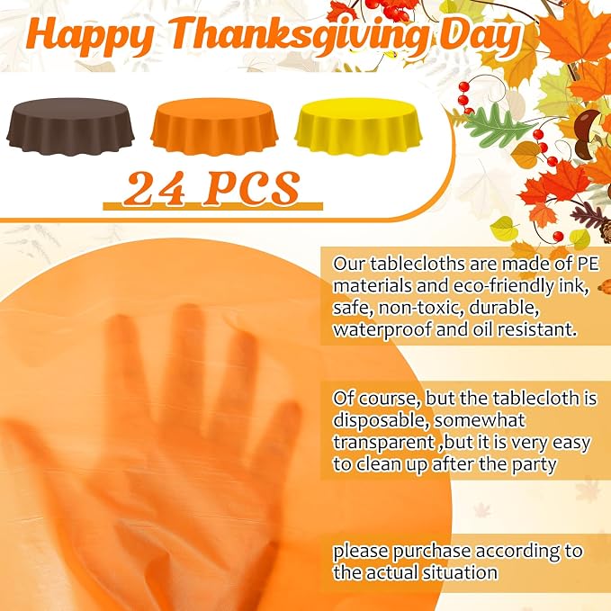 Patelai 24 Pcs Fall Plastic Round Tablecloth Disposable Autumn Table Cover 84 Inch Plastic Circular Tablecloths for Thanksgiving Day Harvest Birthday Party Decoration (Orange,Yellow,Brown) - Image 2