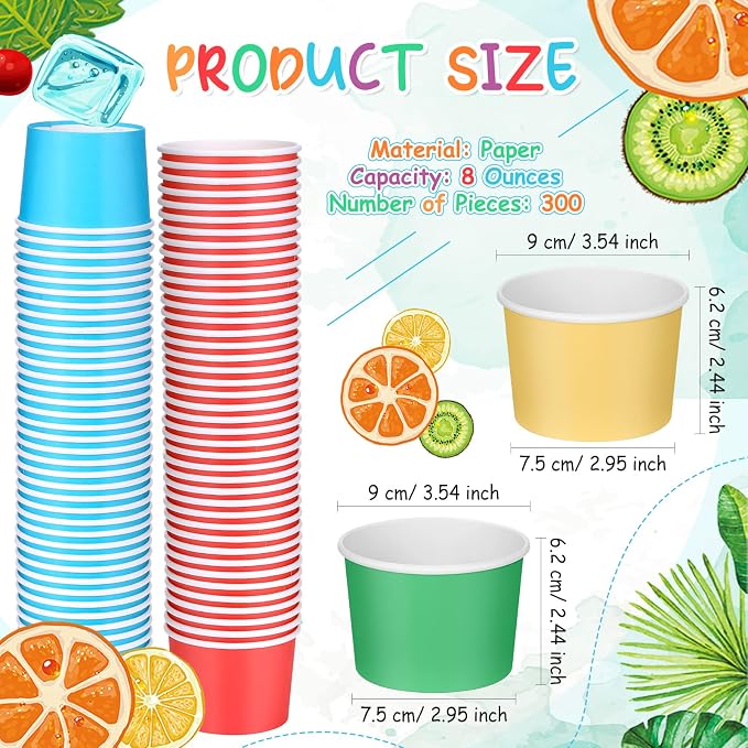 Nuenen 300 Pcs 8 oz Summer Ice Cream Paper Cups Bulk Disposable Dessert Cups Solid Color Paper Dessert Bowls for Snack Sundae Spring Party Favors Ice Cream Bar Supplies (Rainbow Color) - Image 3