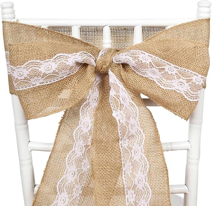 Efavormart 5"x108" | Natural Burlap with Lace Chair Sashes Covers, Hessian Fabric Rustic Jute Chair Sashes Covers, Chair Bow - Image 6