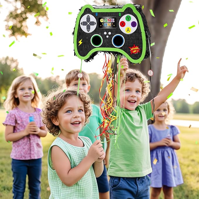 WERNNSAI Foldable Video Game Piñata - Pull String Gaming Birthday Party Supplies Extendable Piñata with Blindfold Bat and Tassels Game On Birthday Party Decoration Folding Piñatas for Classroom Game