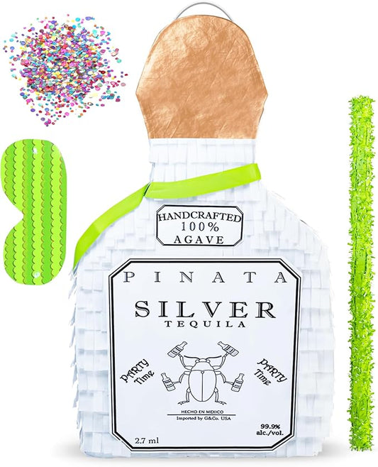 White Tequila Bottle Piñata with Stick - 17.5" x 10.5" x 3.5" Perfect for Party Decorations, Photo Prop, Birthday, Funny Anniversary, 21 birthday - Fits candy/favors