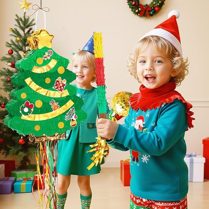 WERNNSAI Christmas Tree Pinata - Christmas Decorations XmasTree Party Game for Kids Festival Party Decor Supply Green Tree Design Merry Xmas Favor Pull String with Blindfold Bat 16.5” x 12.4”