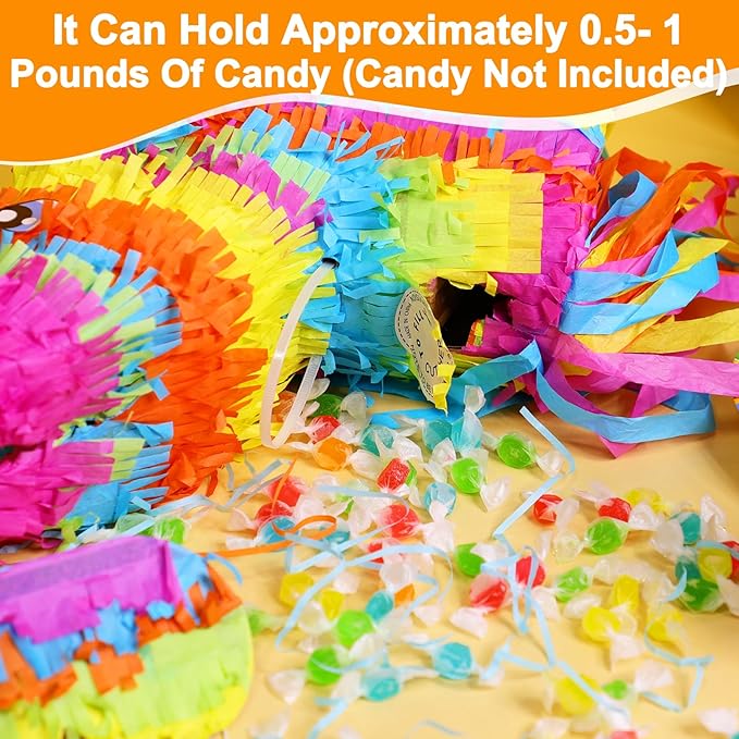 16" Cinco de Mayo Pinata, Large Rainbow Color Donkey Pinata 16 x 13 x 5.5 ln with Stick and Blindfold for Fiestas Mexican Party Decoration, Photo Prop, Taco Tuesday Event