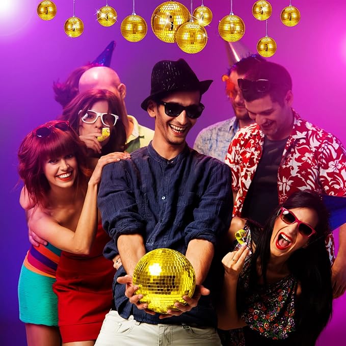 WILLBOND 12 Pack Disco Ball Mirror Ball with Hanging Ring for Fun Retro Disco Party Decorations Party Dj Lighting Effect Stage Props Game Accessories, 5.91", 3.94", 3.15", 2.36"(Gold)