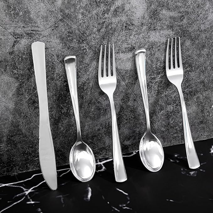 300Pieces Silver Plastic Silverware - Heavy Duty Disposable Utensils - Silver Plastic Cutlery Set Includes 100 Forks, 100 Spoons, 100 Knives for Dinner Parties Weddings