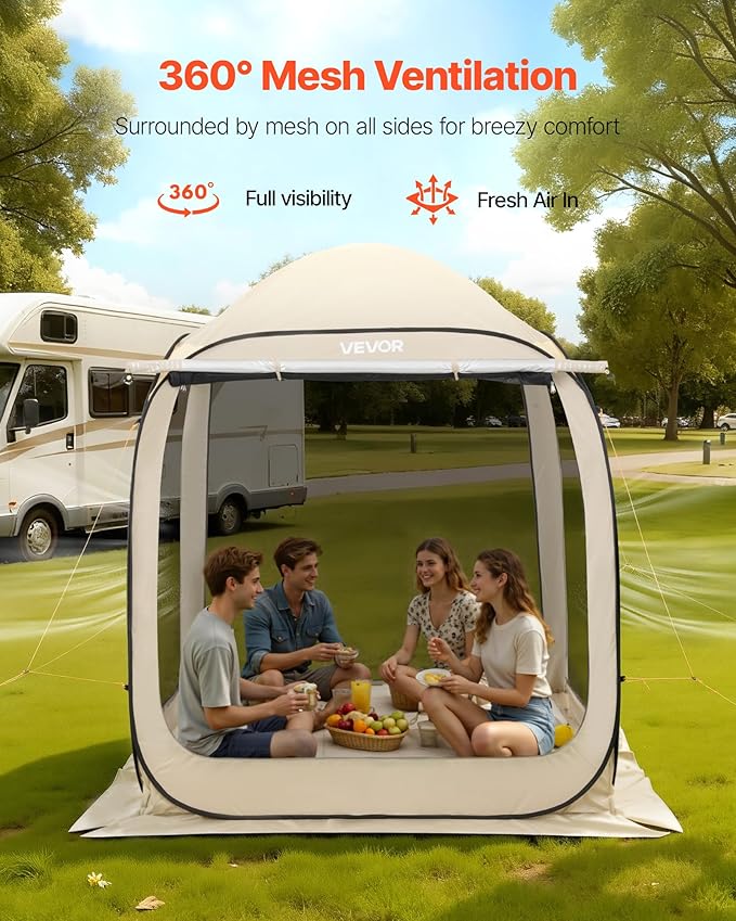 VEVOR 6 x 6 ft Pop-Up Screen House Tent with Extended Awning, 4–6 Person Screen Gazebo, Portable Screened Canopy with Carry Bag, Netting Sides & Ground Stakes for Patio, Backyard & Outdoor Activities