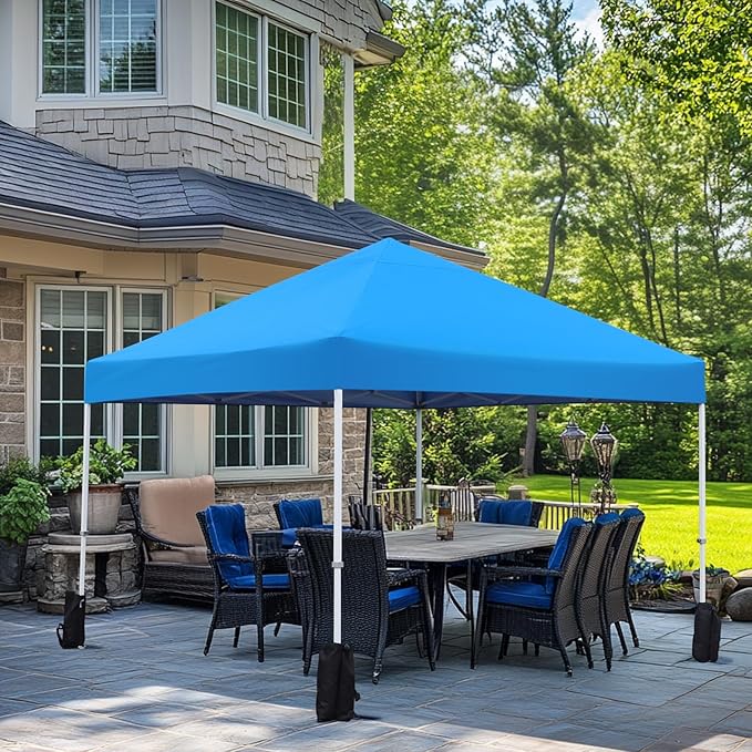 Amazon Basics Outdoor Pop Up 10 x 10 Canopy Tent for Events, Portable with Easy Setup, Sun Shelter for Outdoor Activities, Includes Wheeled Carry Bag, 8 Pegs, 4 Ropes, 4 Weighted Bags, Blue