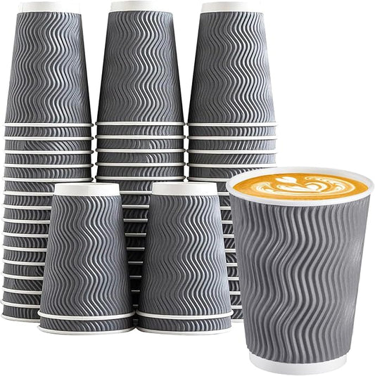 Lamosi 50 Count Insulated Coffee Cups 12 oz, Disposable Paper Cups No Lids | Corrugated Ripple Wall Design for Hot Beverages Cold Drinks, Home/Party/Travel/Picnic/Daily Use (Grey) by BuyNow